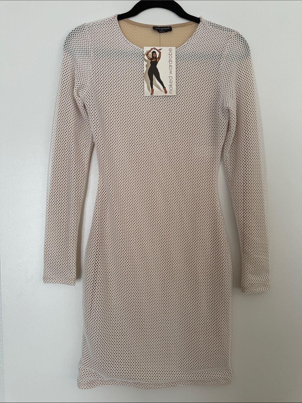 naked wardrobe Beige Mesh Long Sleeve Bodycon Dress